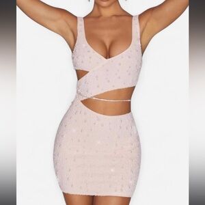 Cutout Beaded Mini Dress - Blush Pink With Rhinestone Belt